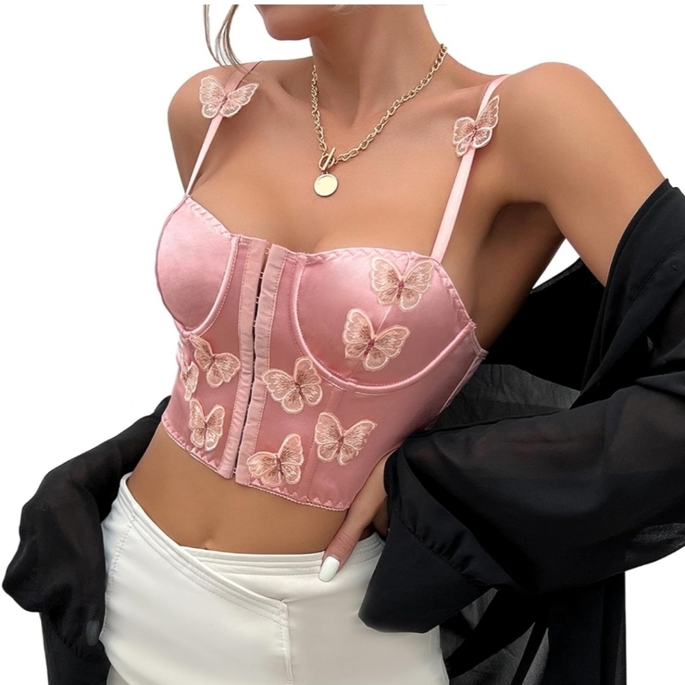 Butterfly Bustier Satin Front Push Up Cami Top Sleeveless Tube Top Pink Size XS